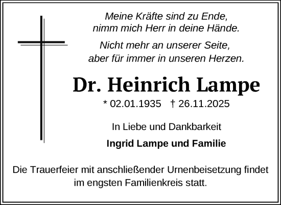 Traueranzeige von Heinrich Lampe von Nordkurier Demminer Zeitung