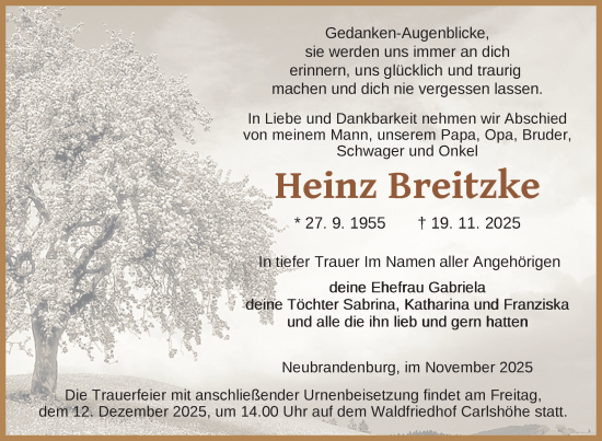 Traueranzeige von Heinz Breitzke von Nordkurier Neubrandenburger Zeitung