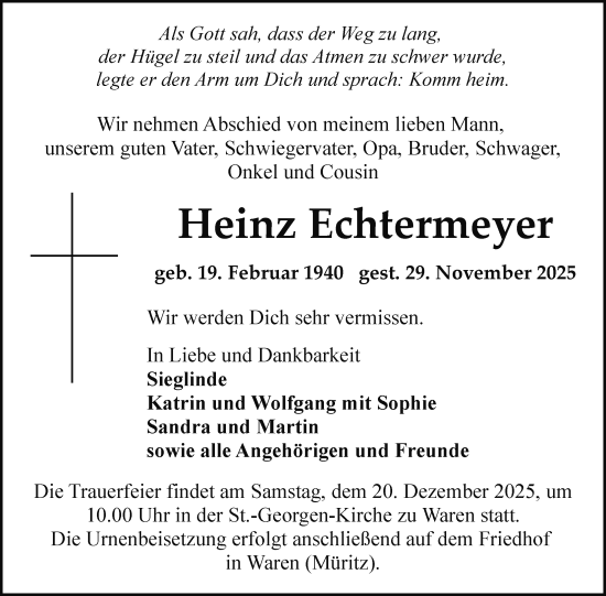 Traueranzeige von Heinz Echtermeyer von Nordkurier Müritz-Zeitung