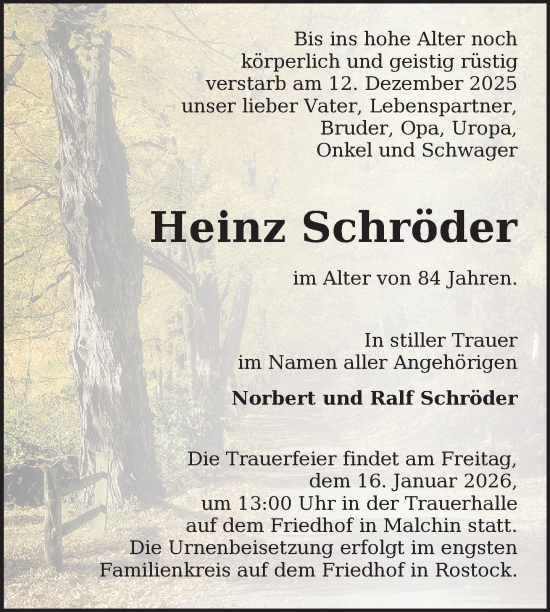 Traueranzeige von Heinz Schröder von Nordkurier Mecklenburger Schweiz