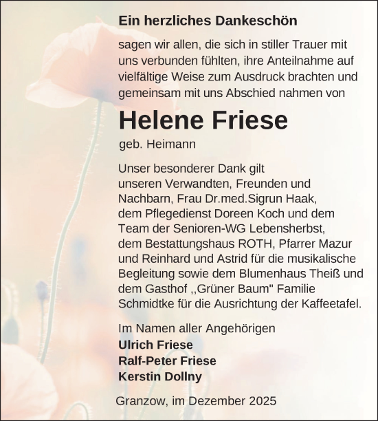 Traueranzeige von Helene Friese von Uckermark Kurier Prenzlauer Zeitung