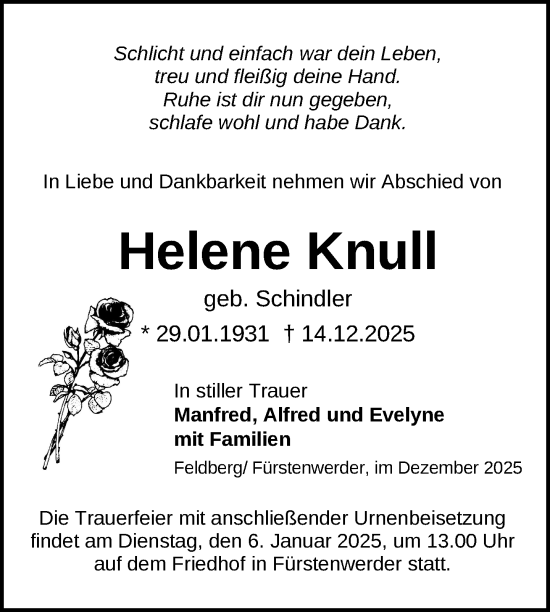 Traueranzeige von Helene Knull von Nordkurier Grosso