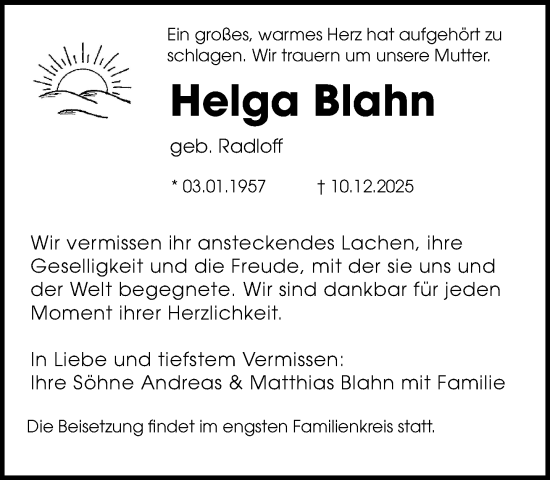 Traueranzeige von Helga Blahn von Norddeutsche Neueste Nachrichten