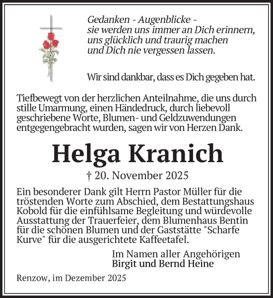 Traueranzeige von Helga Kranich von Gadebusch - Rehnaer Zeitung