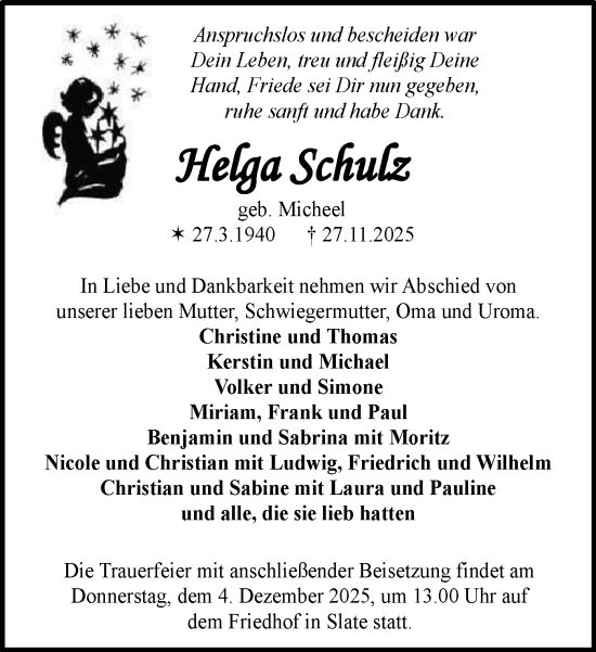 Traueranzeige von Helga Schulz von Parchim und Lübz