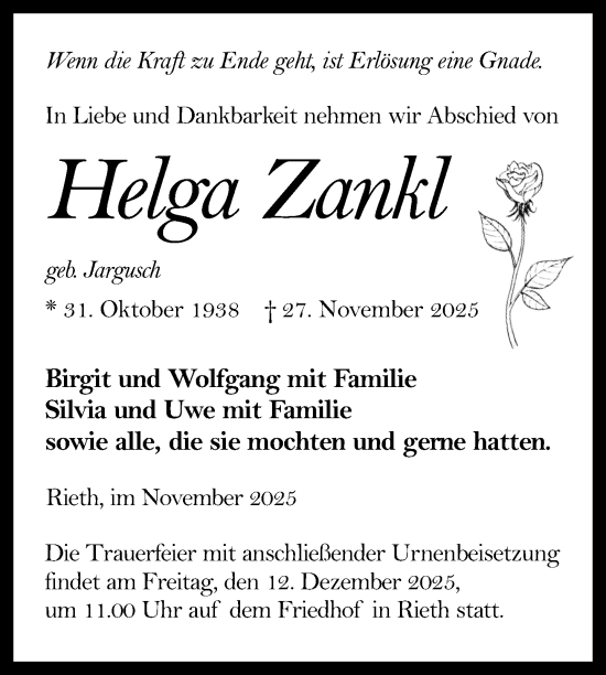 Traueranzeige von Helga Zankl von Nordkurier Haff-Zeitung