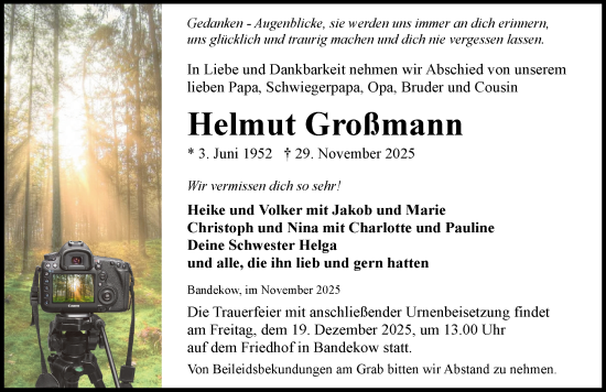 Traueranzeige von Helmut Großmann von Hagenower Kreisblatt