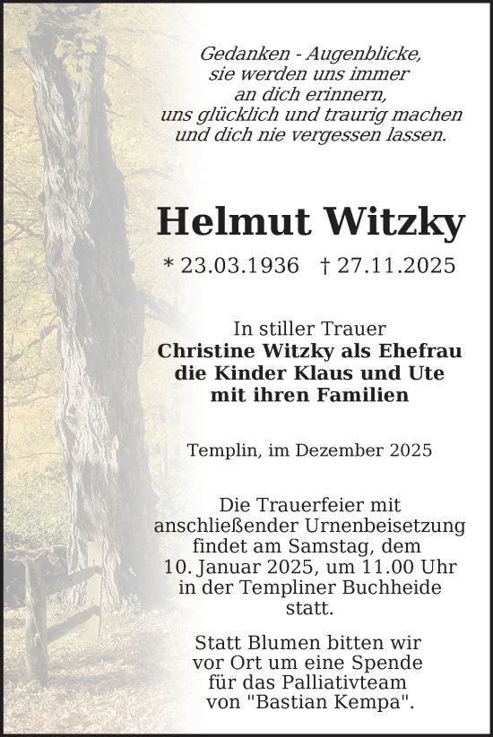 Traueranzeige von Helmut Witzky von Uckermark Kurier Templiner Zeitung