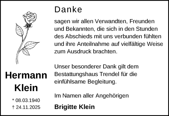 Traueranzeige von Hermann Klein von Zeitung für die Landeshauptstadt