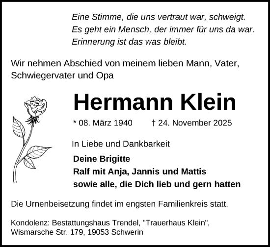 Traueranzeige von Hermann Klein von Zeitung für die Landeshauptstadt