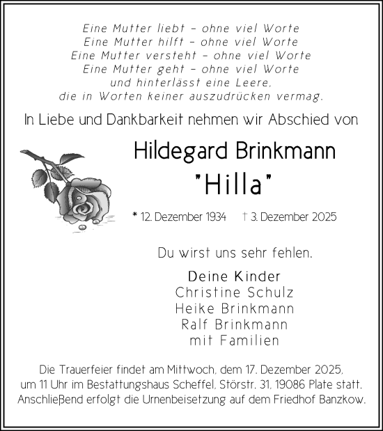 Traueranzeige von Hildegard Brinkmann von Zeitung für die Landeshauptstadt