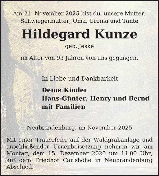 Traueranzeige von Hildegard Kunze von Nordkurier Neubrandenburger Zeitung
