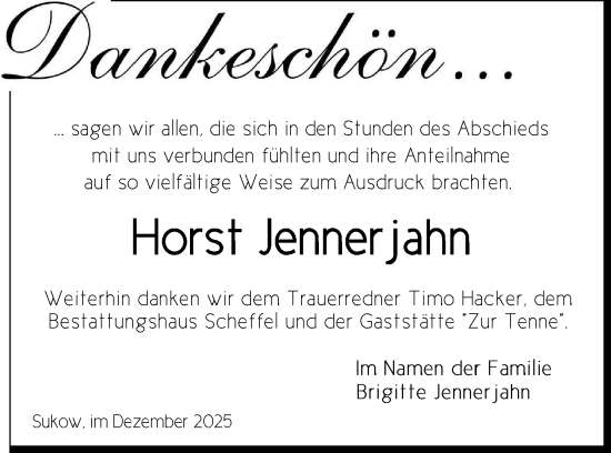 Traueranzeige von Horst Jennerjahn von Zeitung für die Landeshauptstadt