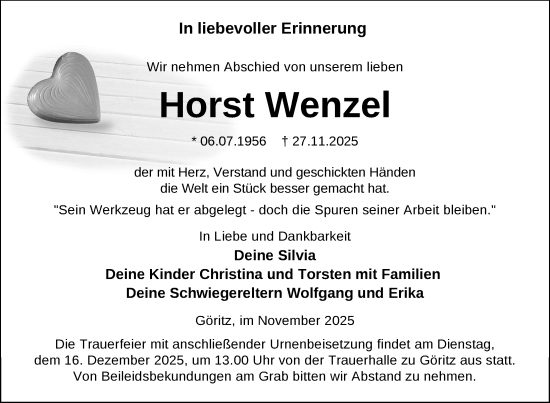 Traueranzeige von Horst Wenzel von Uckermark Kurier Prenzlauer Zeitung