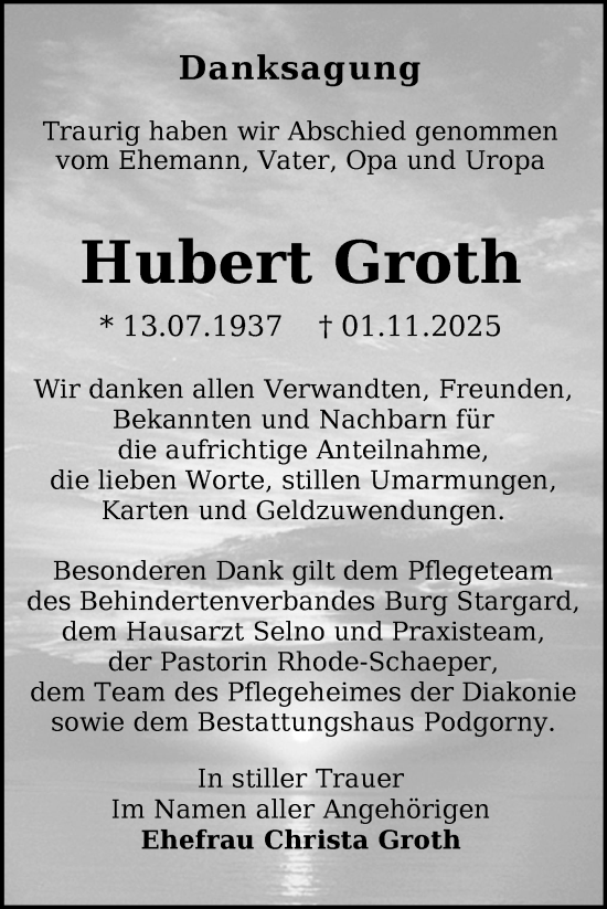 Traueranzeige von Hubert Groth von Nordkurier Neubrandenburger Zeitung