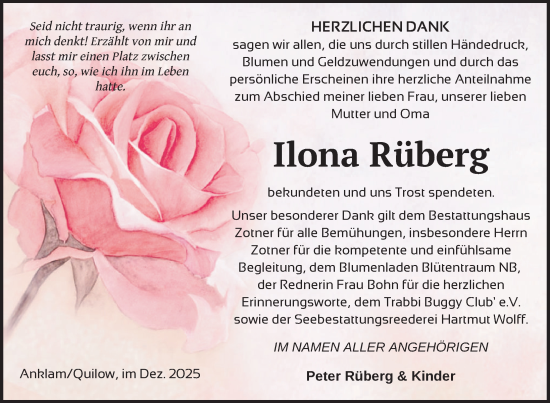 Traueranzeige von Ilona Rüberg von Nordkurier Vorpommern Kurier