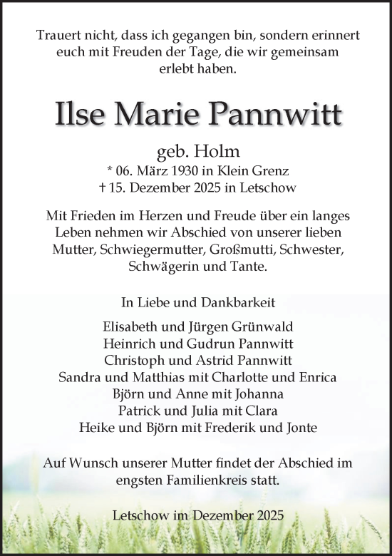 Traueranzeige von Ilse Marie Pannwitt von Güstrow und Bützow