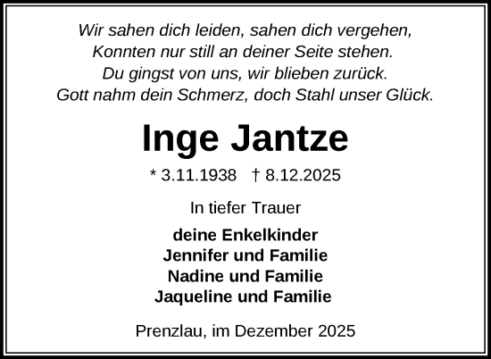 Traueranzeige von Inge Jantze von Uckermark Kurier Prenzlauer Zeitung
