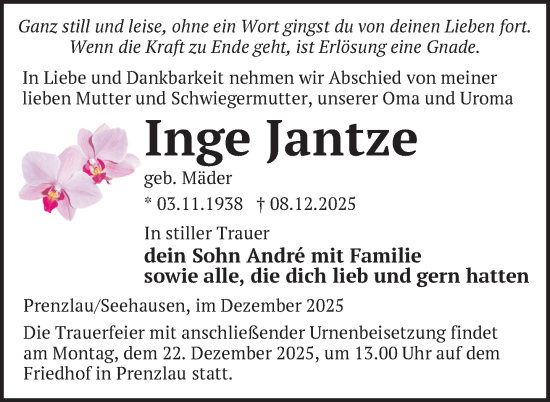 Traueranzeige von Inge Jantze von Uckermark Kurier Prenzlauer Zeitung