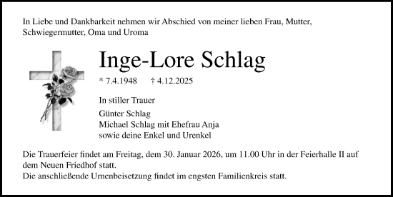 Traueranzeige von Inge-Lore Schlag von Norddeutsche Neueste Nachrichten