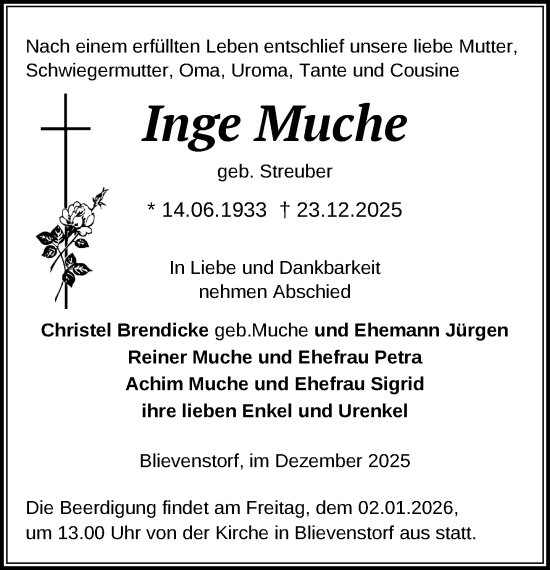 Traueranzeige von Inge Muche von Ludwigsluster Tageblatt