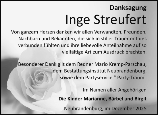 Traueranzeige von Inge Streufert von Nordkurier Neubrandenburger Zeitung
