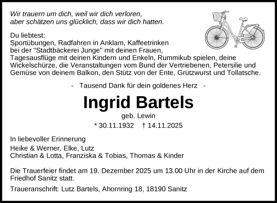 Traueranzeige von Ingrid Bartels von Nordkurier Vorpommern Kurier