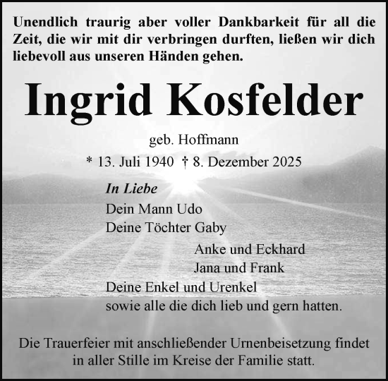 Traueranzeige von Ingrid Kosfelder von Norddeutsche Neueste Nachrichten