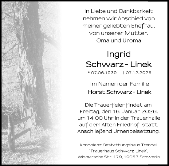 Traueranzeige von Ingrid Schwarz-Linek von Zeitung für die Landeshauptstadt