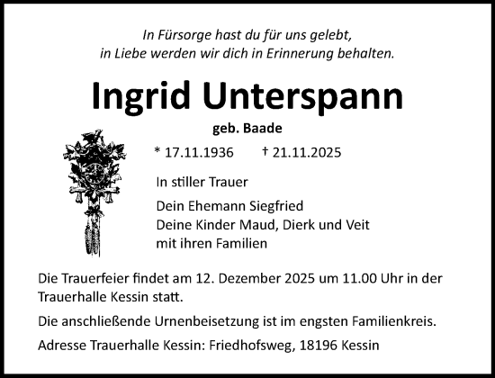 Traueranzeige von Ingrid Unterspann von Norddeutsche Neueste Nachrichten