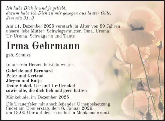 Traueranzeige von Irma Gehrmann von Nordkurier Grosso