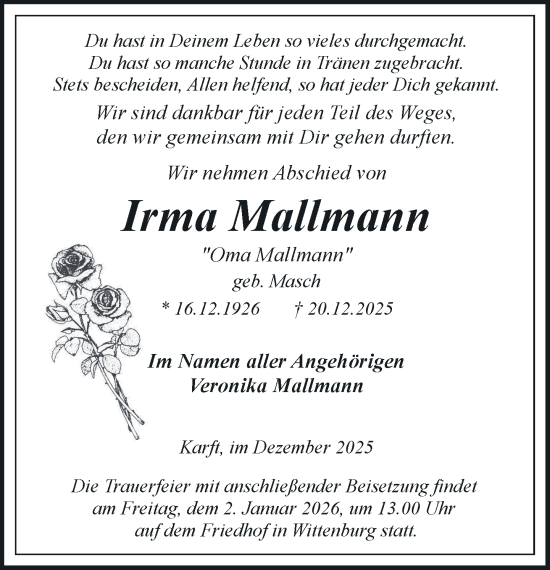Traueranzeige von Irma Mallmann von Hagenower Kreisblatt