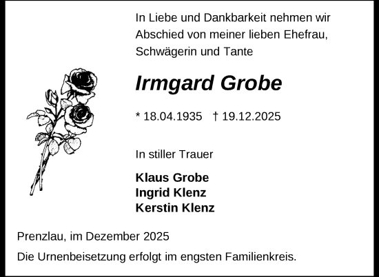 Traueranzeige von Irmgard Grobe von Uckermark Kurier Prenzlauer Zeitung