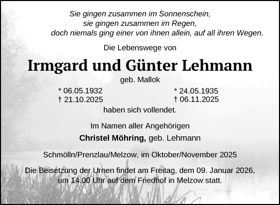 Traueranzeige von Irmgard Lehmann von Uckermark Kurier Prenzlauer Zeitung