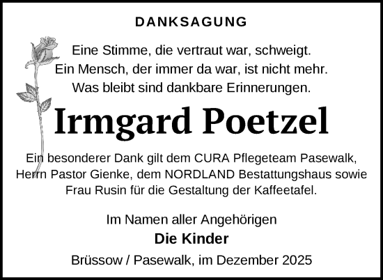 Traueranzeige von Irmgard Poetzel von Nordkurier Pasewalker Zeitung