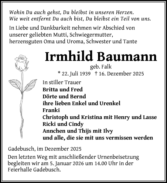 Traueranzeige von Irmhild Baumann von Gadebusch - Rehnaer Zeitung