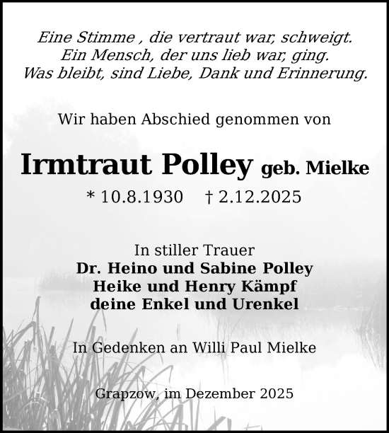 Traueranzeige von Irmtraut Polley von Nordkurier Neubrandenburger Zeitung