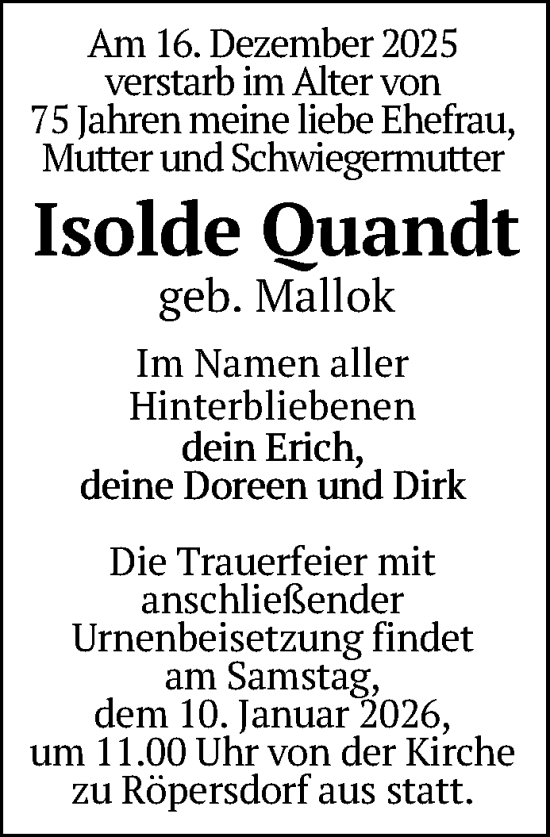 Traueranzeige von Isolde Quandt von Uckermark Kurier Prenzlauer Zeitung