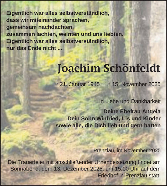 Traueranzeige von Joachim Schönfeldt von Uckermark Kurier Prenzlauer Zeitung