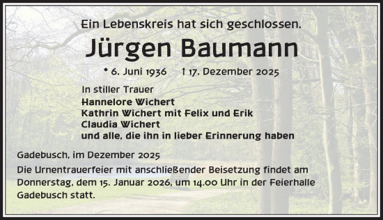 Traueranzeige von Jürgen Baumann von Gadebusch - Rehnaer Zeitung