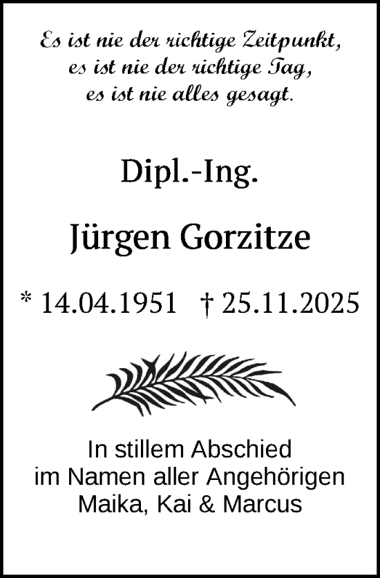 Traueranzeige von Jürgen Gorzitze von Zeitung für die Landeshauptstadt