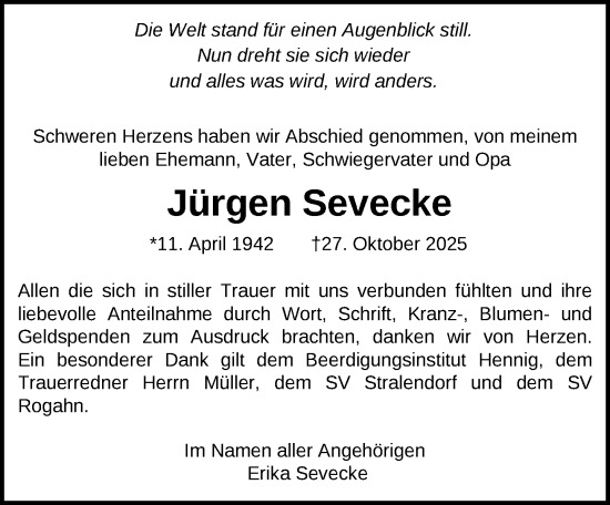 Traueranzeige von Jürgen Sevecke von Zeitung für die Landeshauptstadt