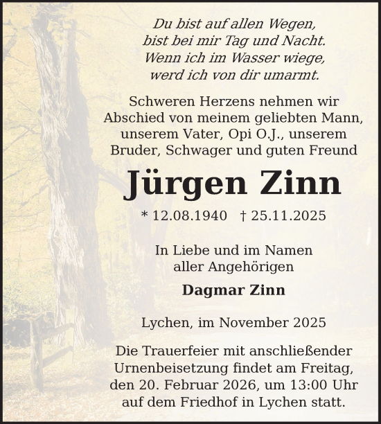Traueranzeige von Jürgen Zinn von Uckermark Kurier Templiner Zeitung