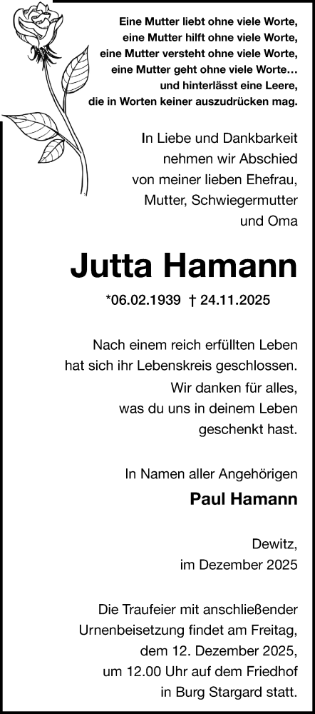 Traueranzeige von Jutta Hamann von Nordkurier Neubrandenburger Zeitung