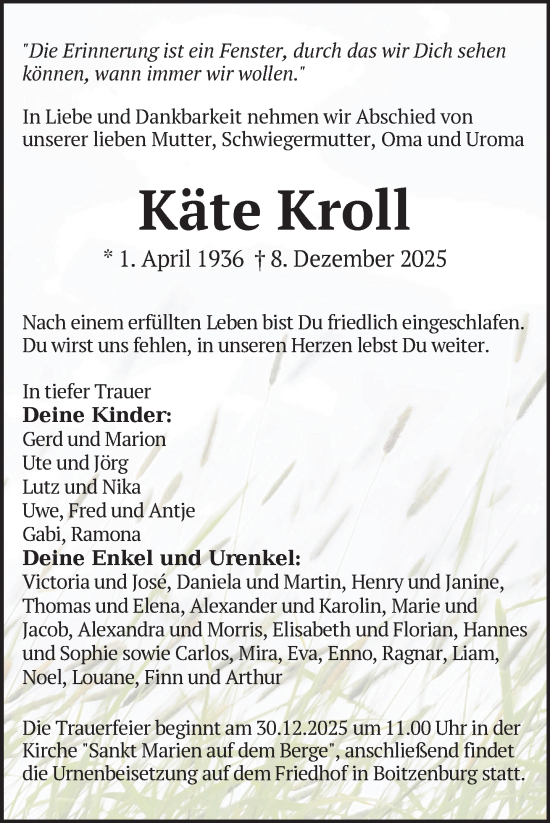 Traueranzeige von Käte Kroll von Uckermark Kurier Templiner Zeitung