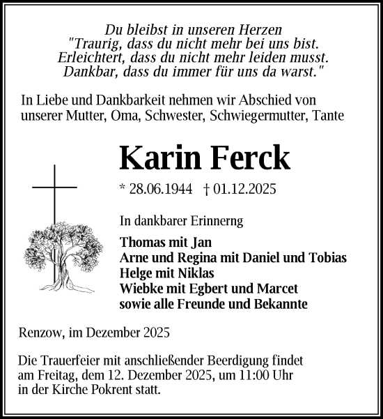Traueranzeige von Karin Ferck von Gadebusch - Rehnaer Zeitung