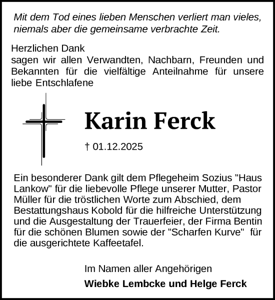 Traueranzeige von Karin Ferck von Gadebusch - Rehnaer Zeitung