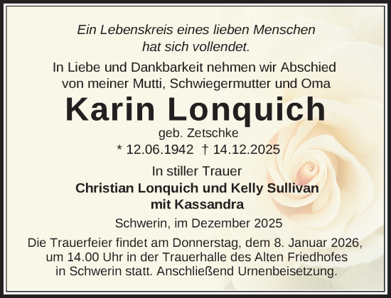 Traueranzeige von Karin Lonquich von Zeitung für die Landeshauptstadt