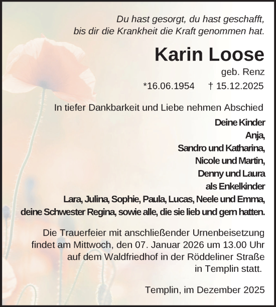 Traueranzeige von Karin Loose von Uckermark Kurier Templiner Zeitung