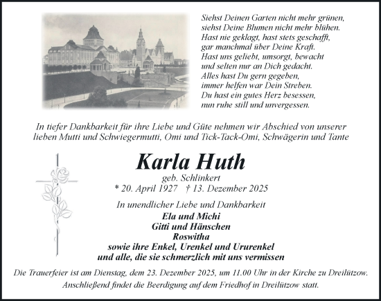 Traueranzeige von Karla Huth von Hagenower Kreisblatt